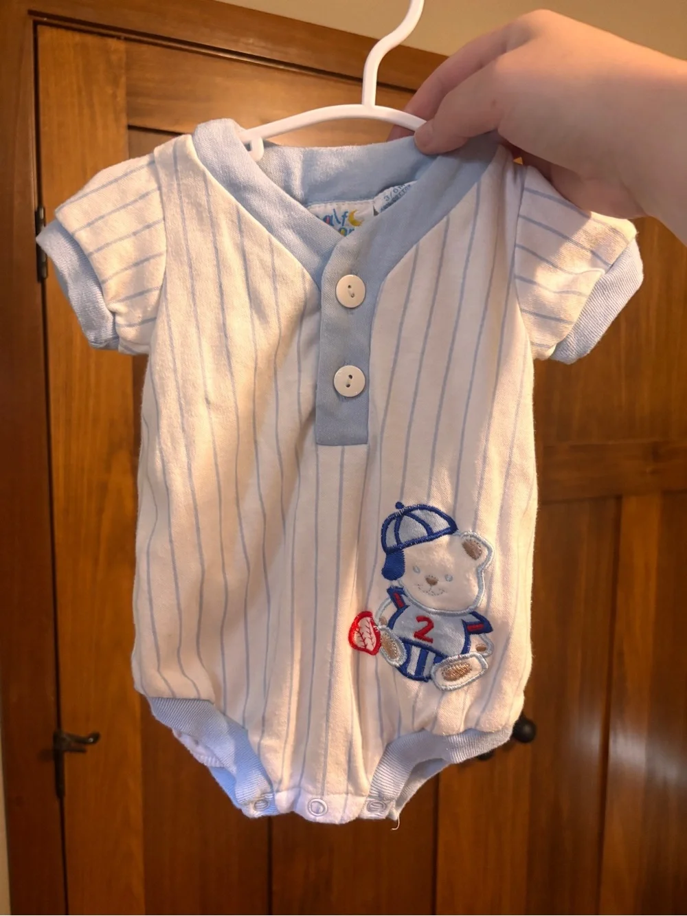 Vintage Half Moon Baby Baseball Bear Romper 3-6 Months Blue Pinstripe Sports One